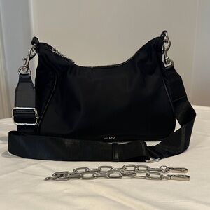 Aldo Black Nylon Shoulder Bag with Detachable Silver Chain